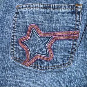 Tilt Juniors Jeans SZ 9 Short Blue Stretch Wide Leg Low Rise Distressed Embroid